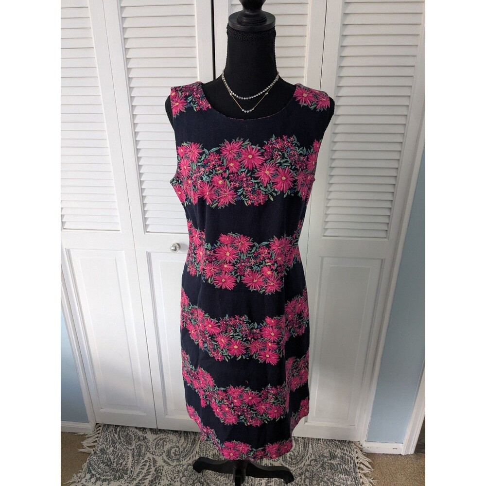 Talbots Dress Women's 10 Navy Pink Sleeveless Floral Sheath Daisies Cottagecore